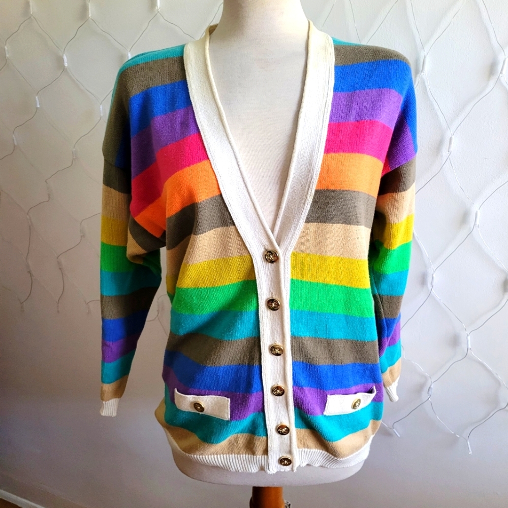 *SOLD* 80s Vintage Ted Lapidus Striped Cotton Cardigan Sweater / Medium - Picture 1 of 6
